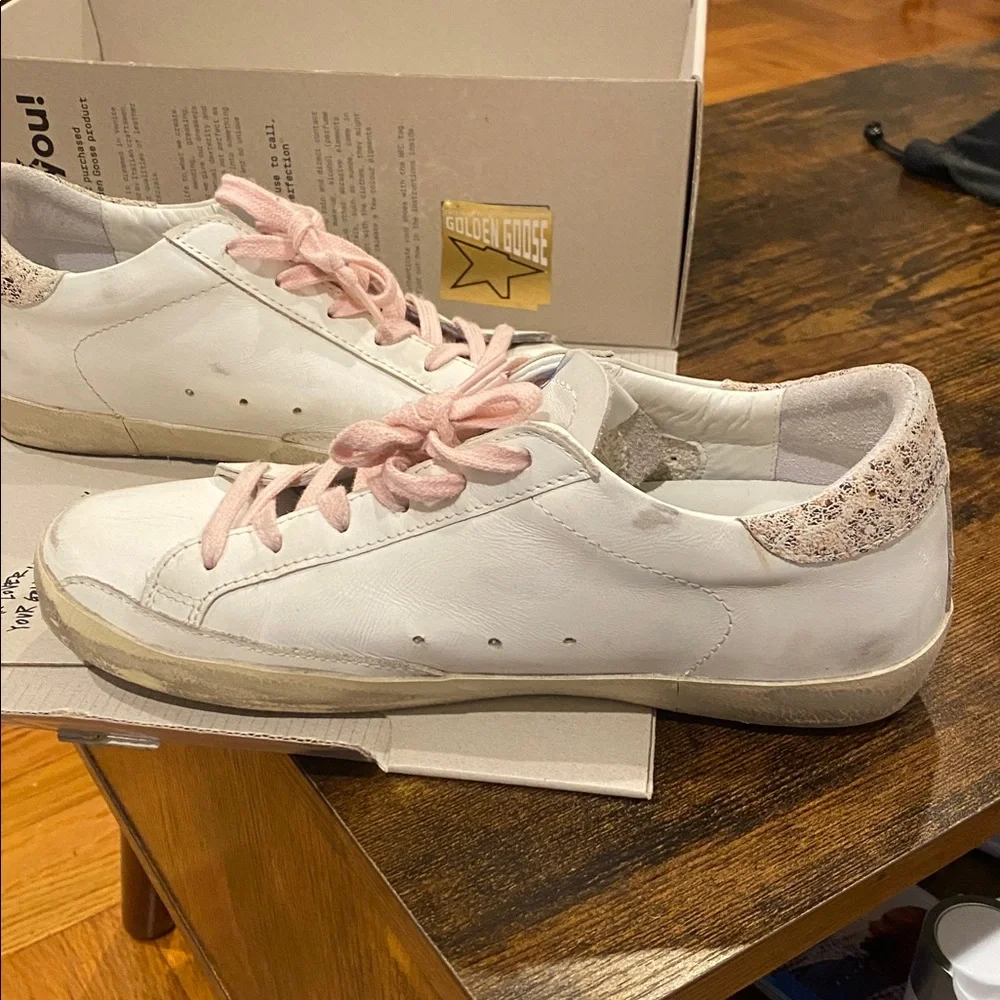 Authentic Golden Goose White Sneakers with Pink Laces and Glitter Star - Picture 10 of 10